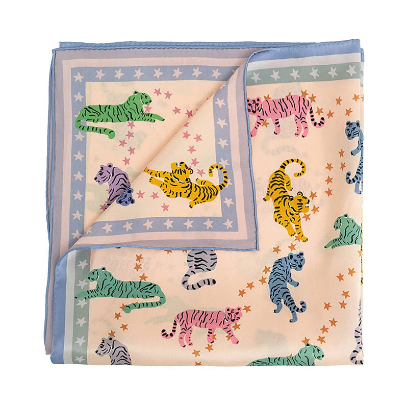 "Neon Tigers" Silk Bandana Scarf: Dusty Blue