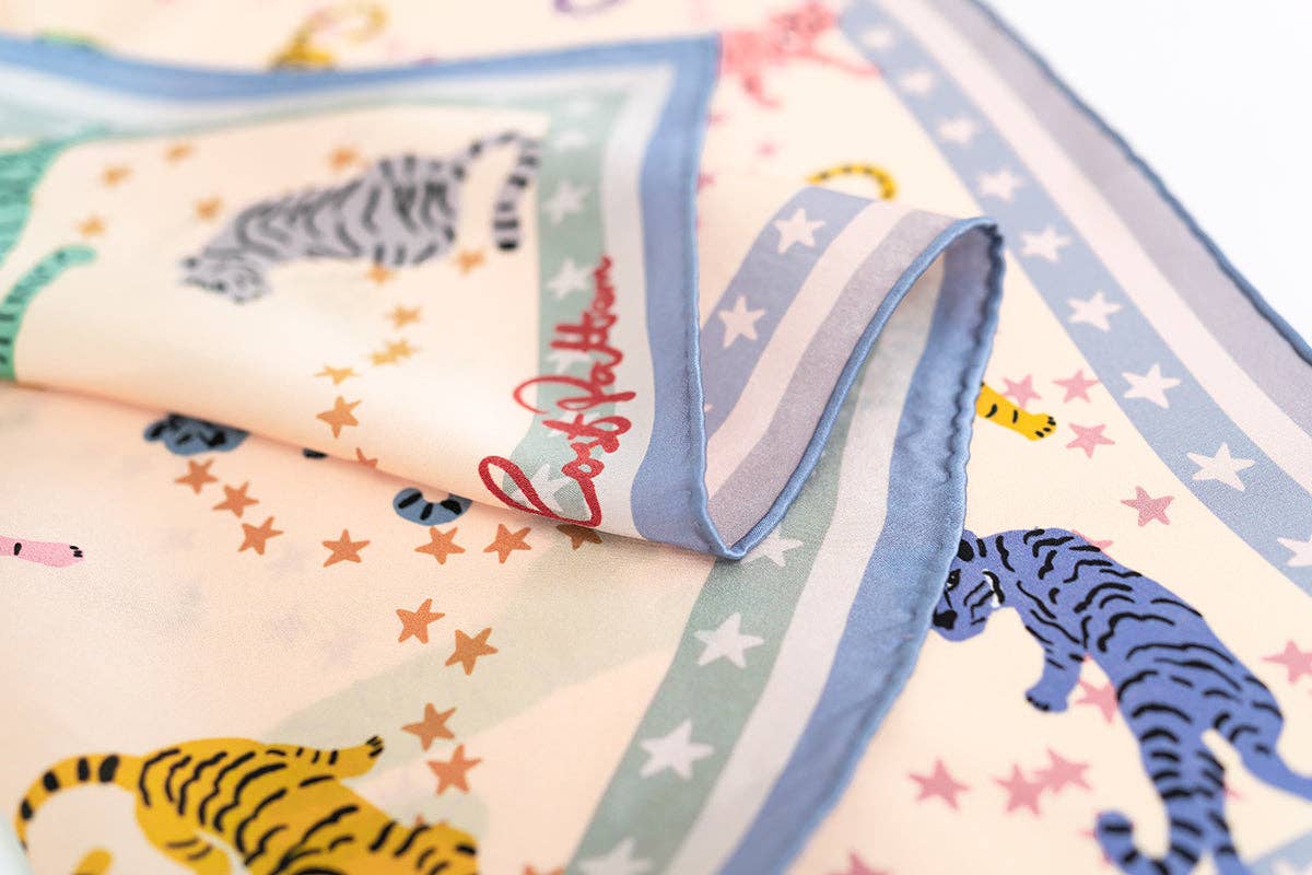 "Neon Tigers" Silk Bandana Scarf: Dusty Blue