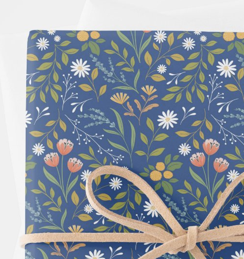 Summer Birthday Floral Blue Wrapping Paper