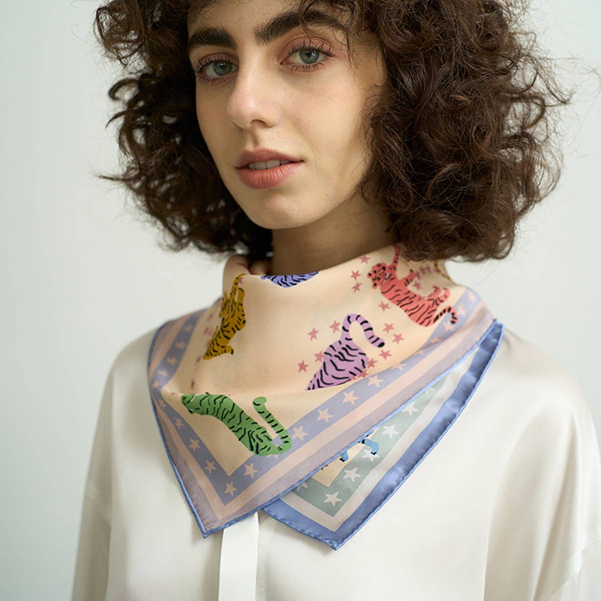 "Neon Tigers" Silk Bandana Scarf: Dusty Blue