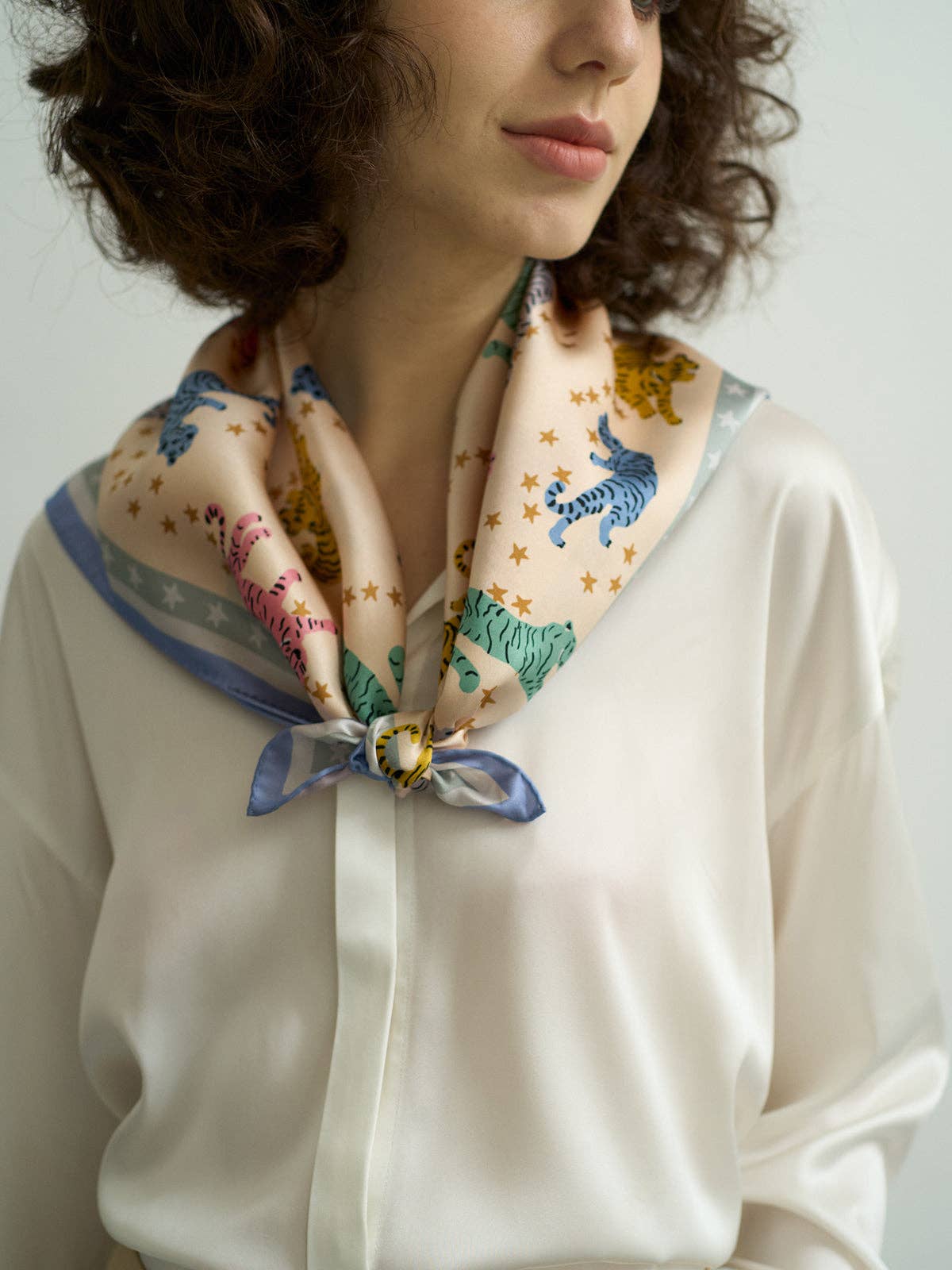 "Neon Tigers" Silk Bandana Scarf: Dusty Blue