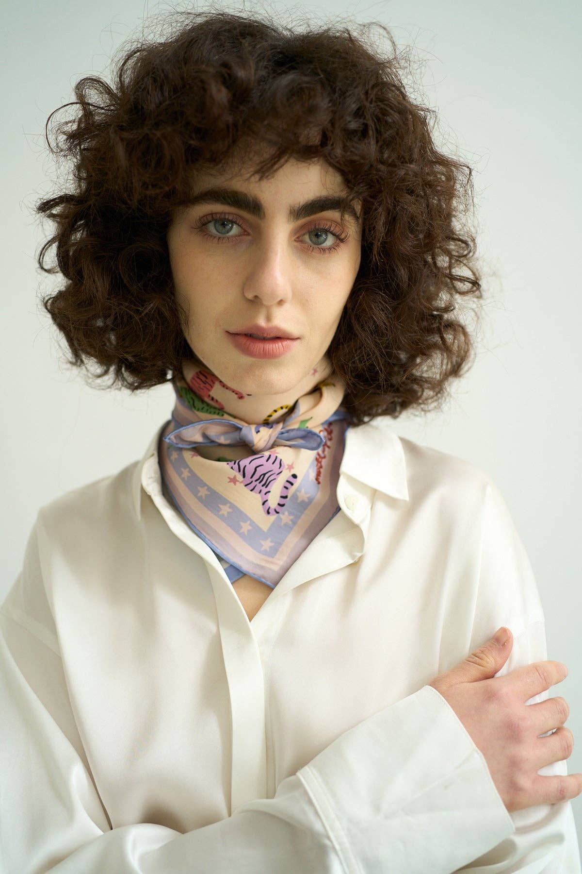 "Neon Tigers" Silk Bandana Scarf: Dusty Blue