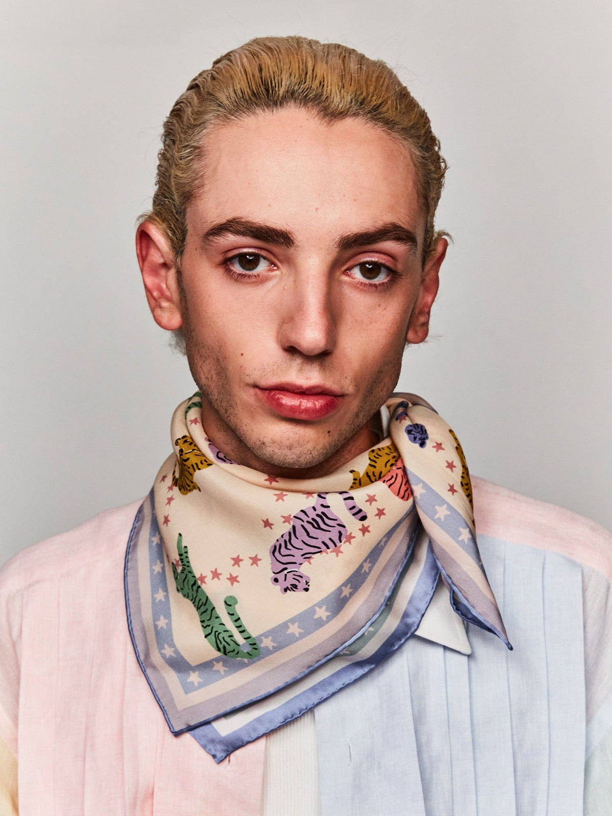 "Neon Tigers" Silk Bandana Scarf: Dusty Blue