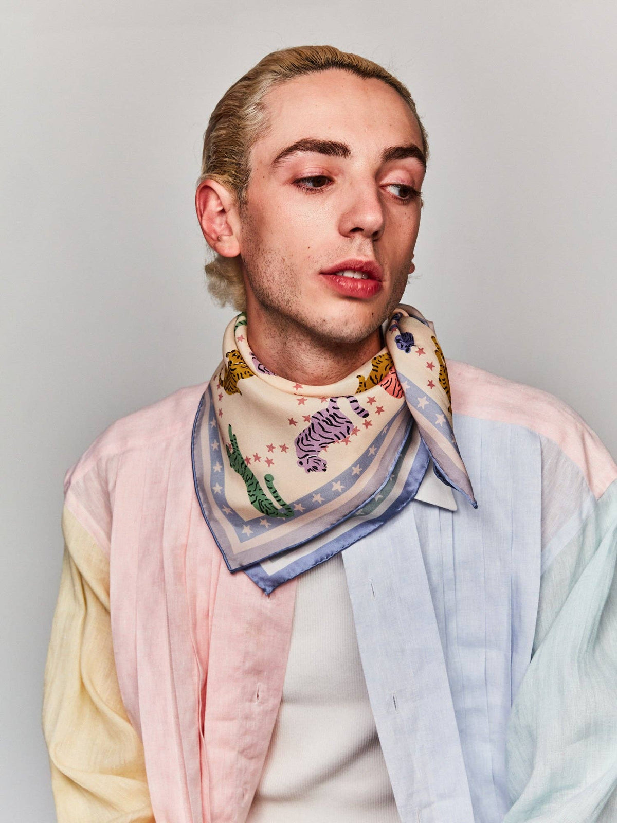 "Neon Tigers" Silk Bandana Scarf: Dusty Blue