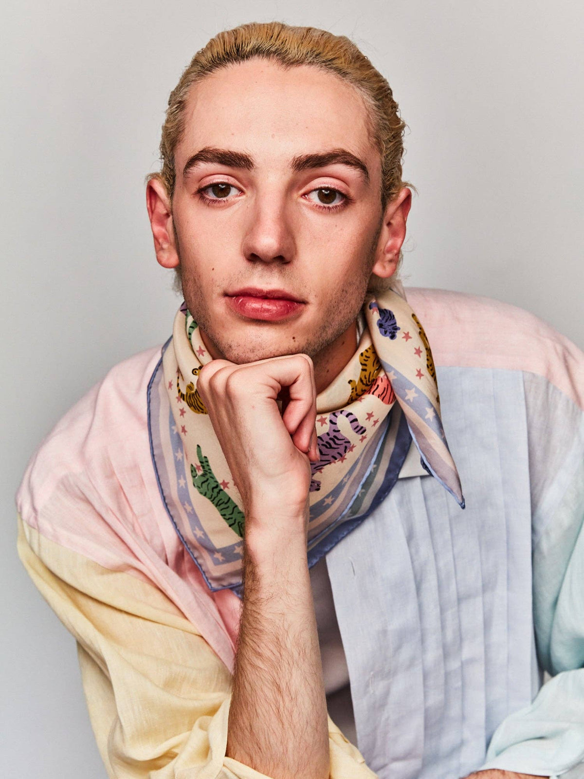 "Neon Tigers" Silk Bandana Scarf: Dusty Blue