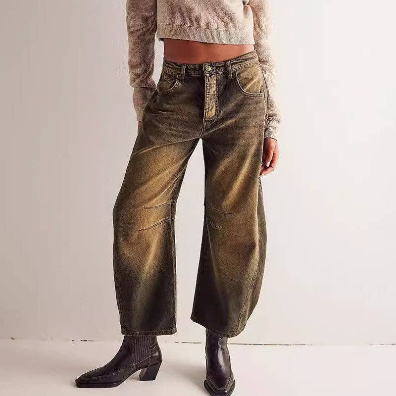 Mid Rise, Washed Loose Barrel Jeans