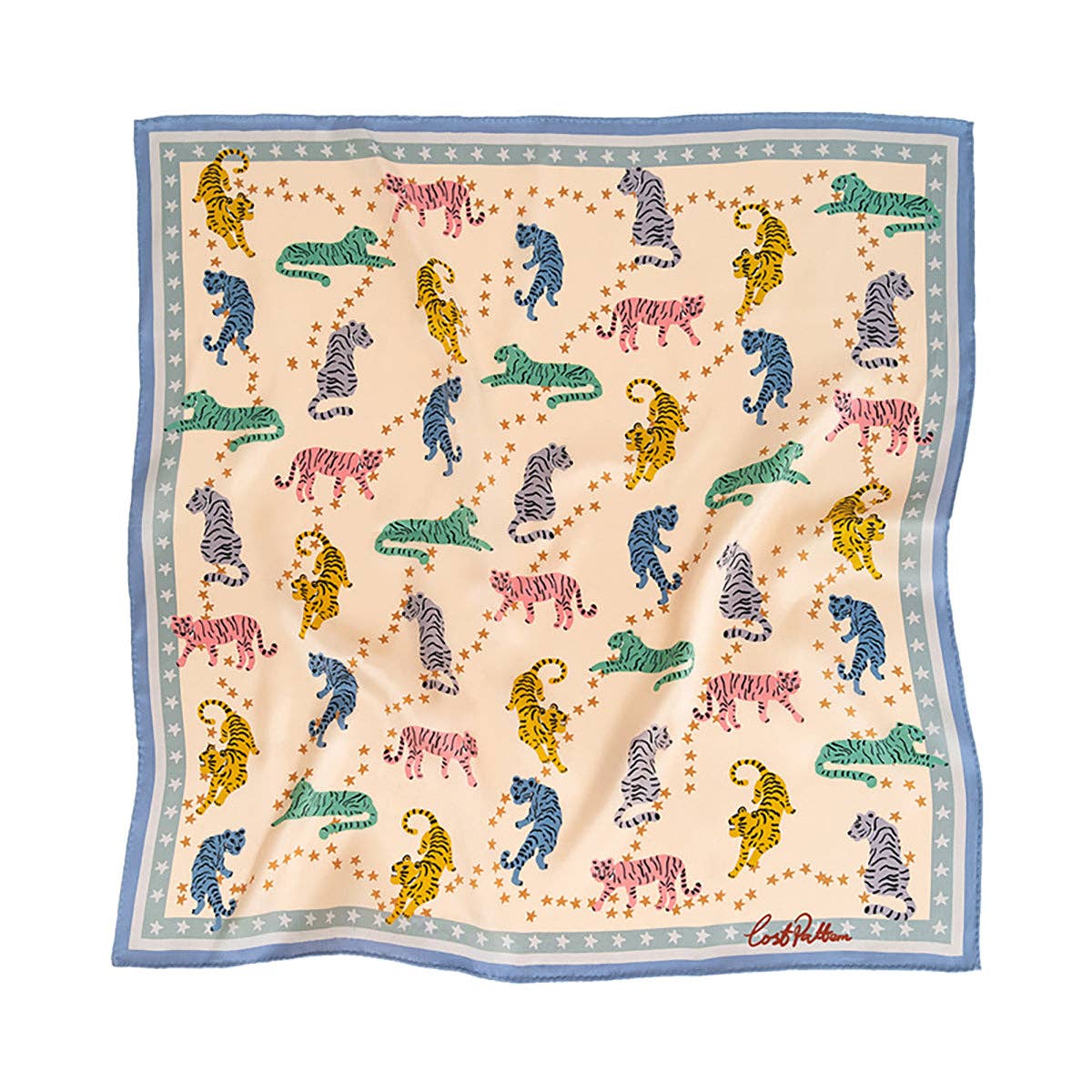"Neon Tigers" Silk Bandana Scarf: Dusty Blue