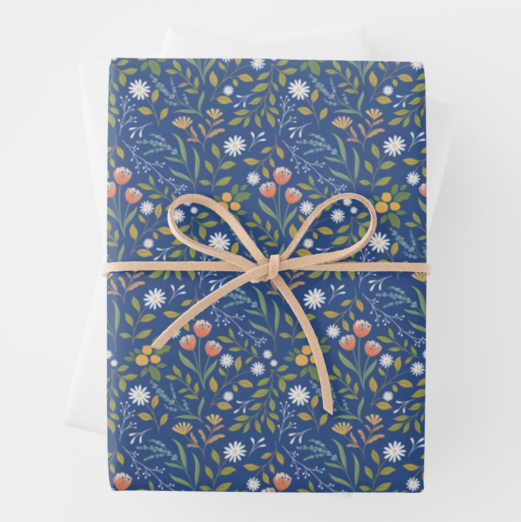Summer Birthday Floral Blue Wrapping Paper